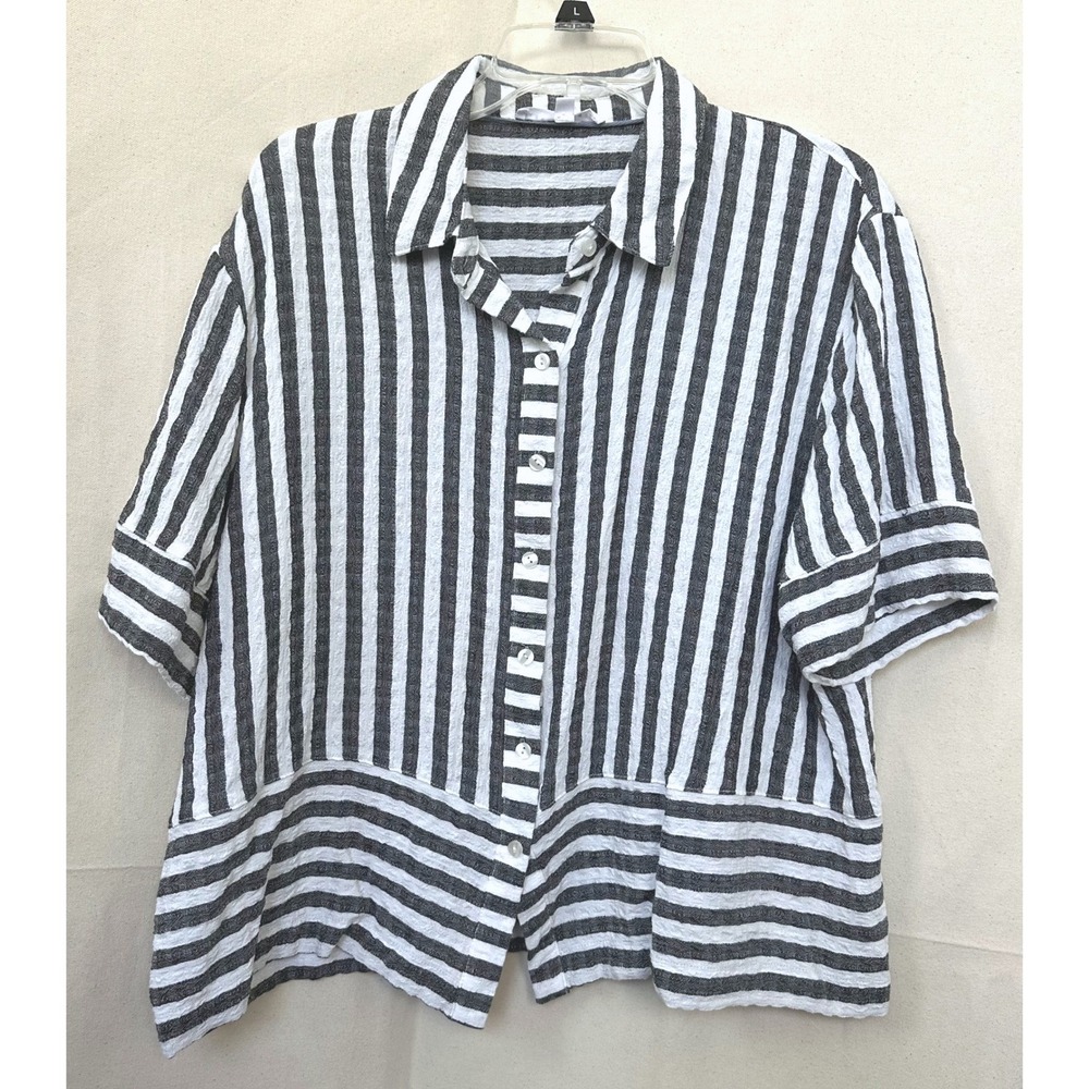 Jane + Delancey Beachy Resort Coastal Textured Black White Striped Shirt Sz. L